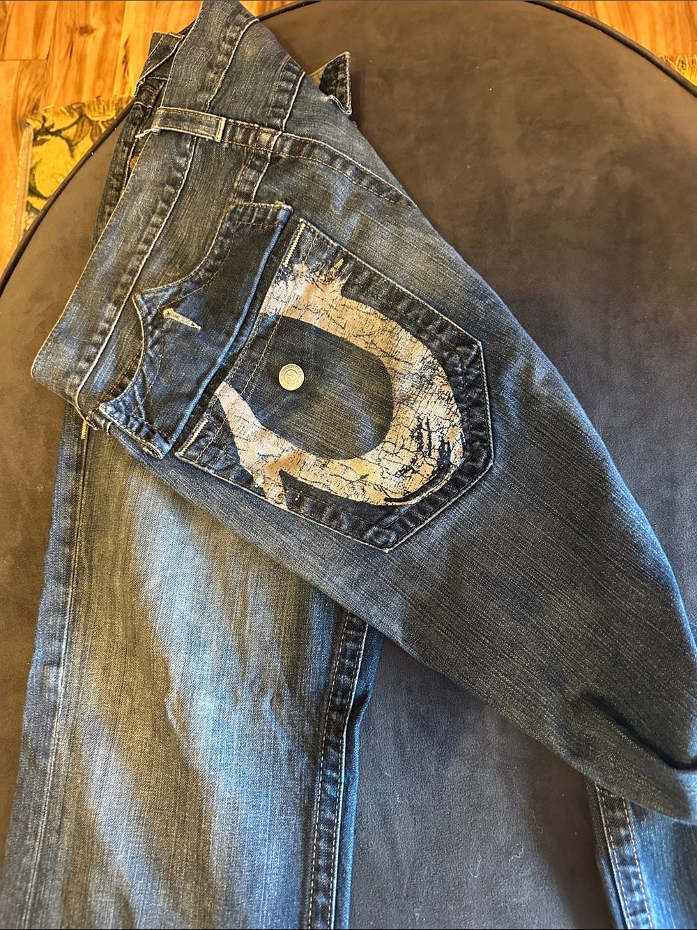 True Religion Men's Dark Blue Distressed Pocket Logo Jeans